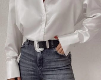Satin Oversized Shirt – Women’s Button Down Blouse, Loose Fit Long Sleeve Top