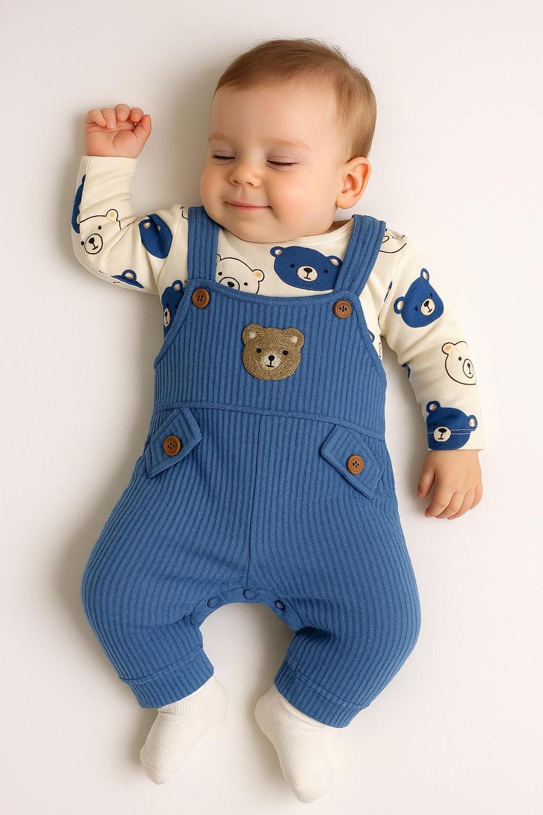 Baby Boy 3-piece Outfit Set, Blue Textured Overalls, Bear Print ...