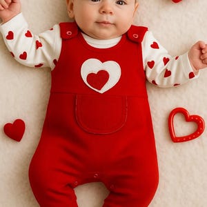 May include: A baby in a red jumpsuit with a white heart design and a white top patterned with red hearts. The baby lies on a cream surface, with red heart-shaped toys. The jumpsuit has a pocket.