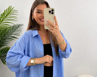 Light Blue Linen Oversized Shirt, Women’s Relaxed Fit Button Down Blouse, Long Sleeve Casual Layering Top