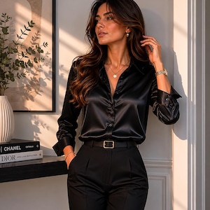 Könnte beinhalten: Ein schwarzes, langärmeliges Hemd mit Knopfleiste und Satin-Finish, kombiniert mit einer schwarzen Hose und einem schwarzen Gürtel mit goldfarbener, rechteckiger Schnalle. Das Hemd hat einen klassischen Kragen und Manschetten.