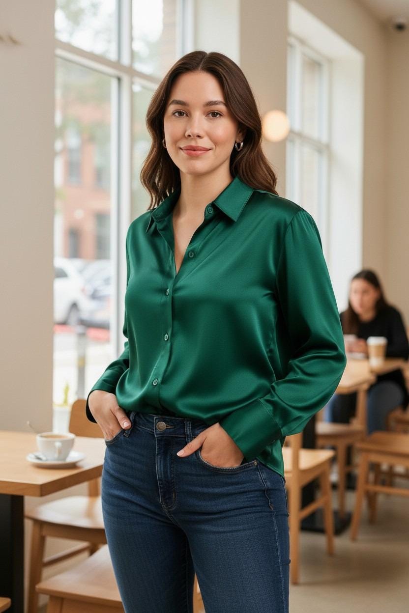 women's green dress shirt Cfhntfmh Womens Button down Shirts Solid Color Dress Shirt Long Sleeve Collared Office Work Blouses Tops Fall Outfits for WomenArmy Green,Medium),