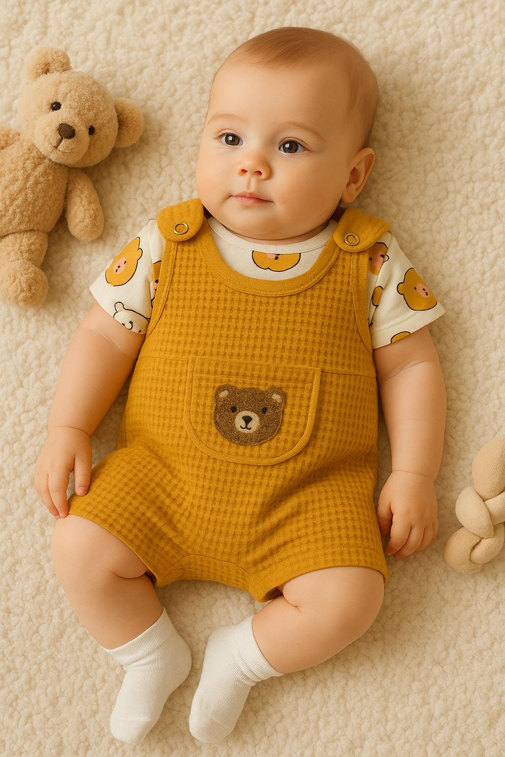 3-Piece Baby Boy Outfit - Yellow Bear Romper, Bodysuit & Socks (3-6-9M)