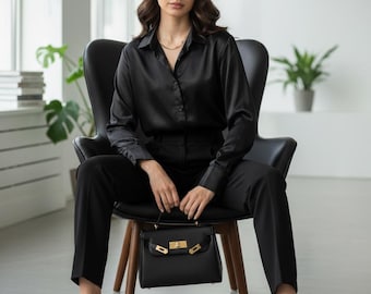 Black Satin Oversized Shirt – Women’s Button Down Blouse, Loose Fit Long Sleeve Top