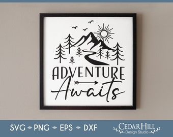 Adventure Awaits Camping SVG, Mountains, Outdoors, Camp, Summer Dxf, Eps, Png, Silhouette, Digital Download