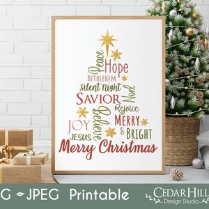 May include: A printable Christmas tree design with the words "Peace", "Hope", "Bethlehem", "Silent Night", "Savior", "Noel", "Rejoice", "Believe", "Joy", "Jesus", "Merry", "& Bright", and "Merry Christmas" in a gold and red color scheme.