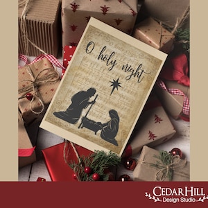 May include: A Christmas card with the words "O holy night" and a nativity scene silhouette. The card is surrounded by wrapped gifts in brown paper with red and white ribbons. The card has a vintage look.