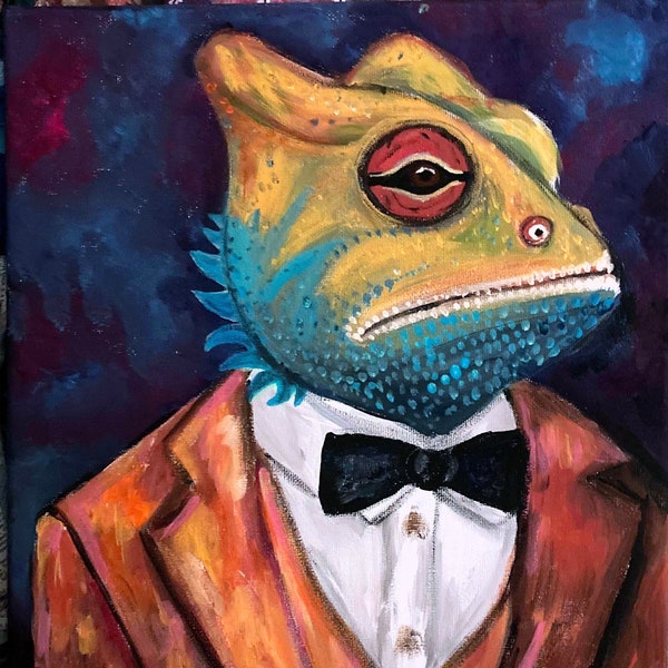 Lounge Lizard: Colorful Chameleon in a Suit Original Painting 11x14 on Gallery Stretched Canvas NOT a Print