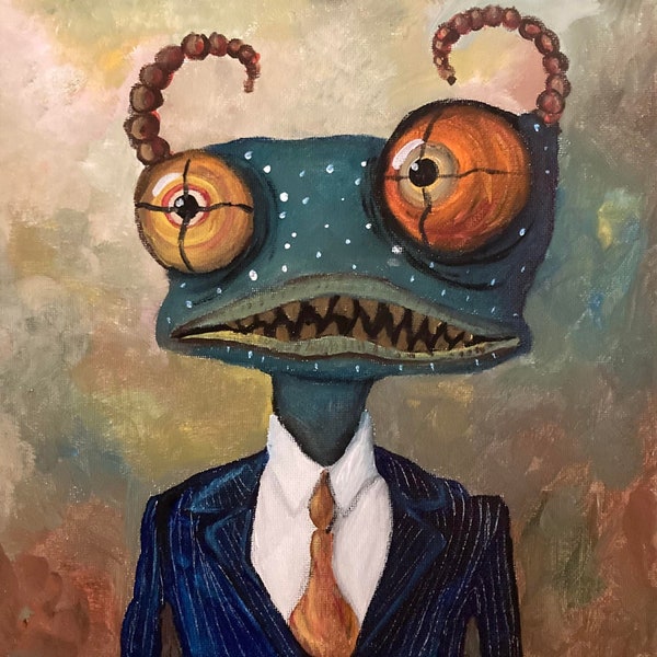 Mayor of Crazy Town: Fun Monster in Suit and Tie Original Painting 10x10 on Gallery Stretched Canvas NOT a Print