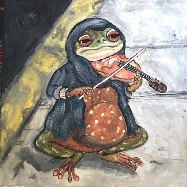 Unsuspecting Beauty: Hobo Frog Playing the Violin on the Street Corner Original Painting 14x14 on Gallery Stretched Canvas NOT a Print