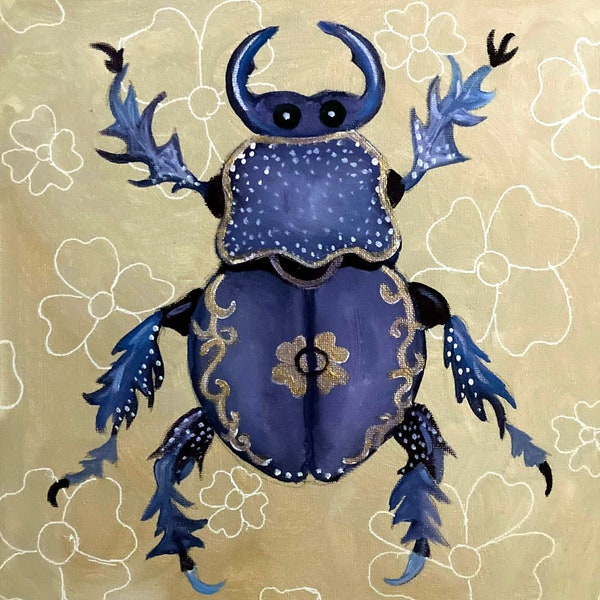 The Scarab: Ornate Purple Beetle Original Painting 10x10 on Gallery Stretched Canvas NOT a Print