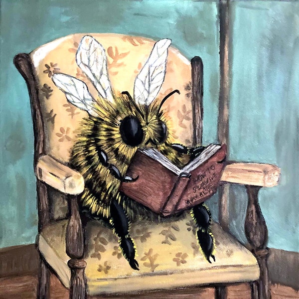 Bee Well-Read: Dusty Library Chair and an Educated Reading Bee Original Painting 14x14 on Gallery Stretched Canvas NOT a Print