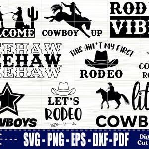 May include: A selection of black and white cowboy-themed graphics. Includes silhouettes of cowboys, cacti, and text such as "Welcome," "Cowboy Up," "Rodeo Vibes," and "Cowboys." Also features a star and a cowboy hat.