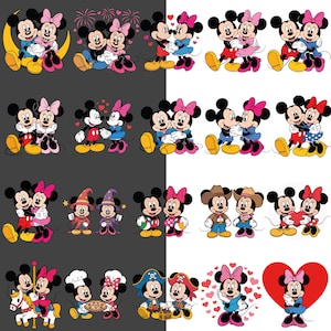 K&ouml;nnte beinhalten: Eine Sammlung von Mickey- und Minnie-Mouse-Charakterillustrationen in verschiedenen Posen und Outfits. Die Bilder zeigen das ikonische Cartoon-Paar in romantischen Umarmungen, verkleidet als Cowboys, Piraten und mehr. Herzen und andere dekorative Elemente sind enthalten.