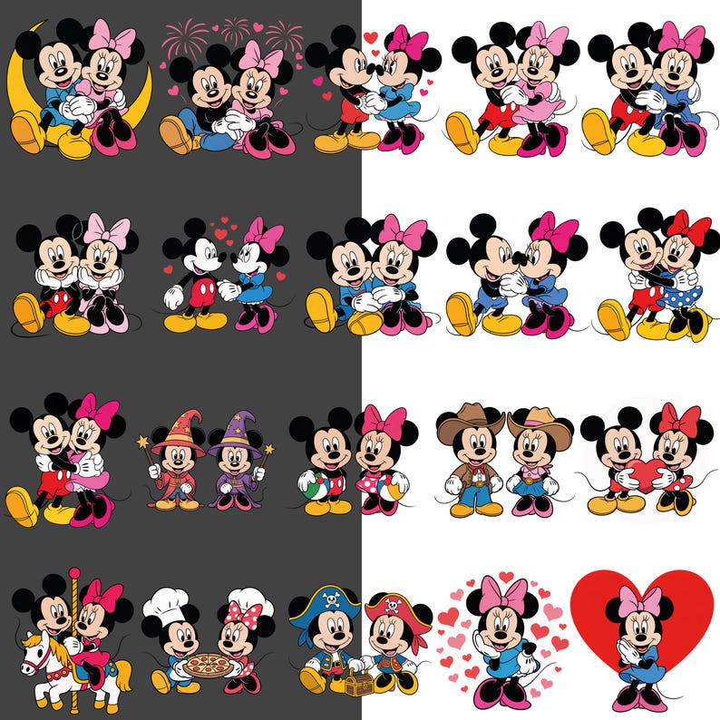 K&ouml;nnte beinhalten: Eine Sammlung von Mickey- und Minnie-Mouse-Charakterillustrationen in verschiedenen Posen und Outfits. Die Bilder zeigen das ikonische Cartoon-Paar in romantischen Umarmungen, verkleidet als Cowboys, Piraten und mehr. Herzen und andere dekorative Elemente sind enthalten.