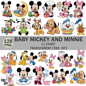 Może przedstawiać: Kolekcja kolorowych ilustracji z kreskówek z Myszką Miki, Minnie, Kaczorem Donaldem, Pluto i innymi postaciami Disneya. Obraz zawiera tekst "BABY MICKEY AND MINNIE CLIPART".
