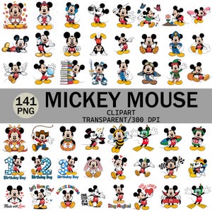 Puede incluir: Una colección de 48 imágenes prediseñadas de Mickey Mouse en varias poses y atuendos. Las imágenes son coloridas y presentan a Mickey Mouse en diferentes escenarios, incluidos temas de cumpleaños y varios disfraces. El texto incluye "141 PNG", "Mickey Mouse Clipart" y "Transparent/300 DPI".