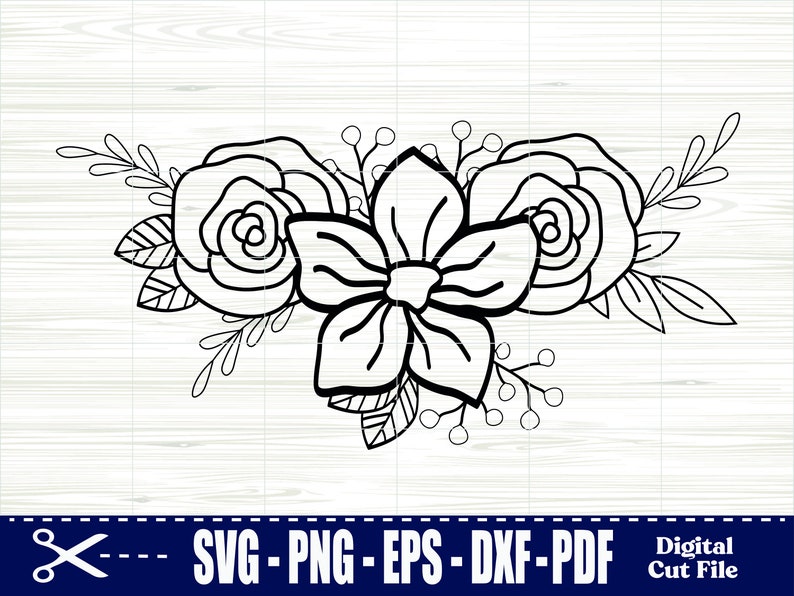 May include: Black and white line art illustration of a floral bouquet with roses and a large flower in the center.