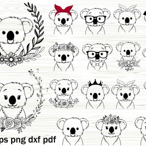 Svg-bestand koala, koala met bloemkroon SVG, koala met glazen strikje SVG, koalapiraat, koalabundel SVG, koala-bandana