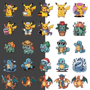 以下が含まれることがあります： 様々なポケモンのキャラクターが登場する漫画イラストのコレクション。 ピカチュウは、魔女、医者、魔法使いなど、いくつかのコスチュームで描かれています。 他のポケモンには、フシギダネ、ゼニガメ、リザードンなどが含まれており、それぞれがユニークなポーズと衣装をしています。