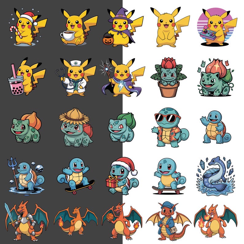 以下が含まれることがあります： 様々なポケモンのキャラクターが登場する漫画イラストのコレクション。 ピカチュウは、魔女、医者、魔法使いなど、いくつかのコスチュームで描かれています。 他のポケモンには、フシギダネ、ゼニガメ、リザードンなどが含まれており、それぞれがユニークなポーズと衣装をしています。
