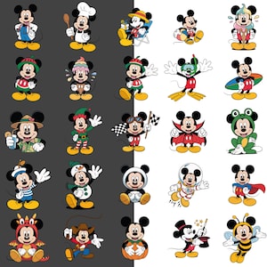 May include: A collection of cartoon Mickey Mouse illustrations in various costumes and outfits. Mickey is depicted as a chef, a vampire, a cowboy, a snowman, and more. The images are in a cartoon style with bright colors and bold outlines.