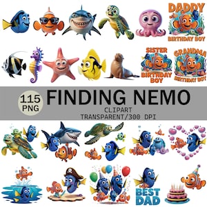 Könnte beinhalten: Eine Sammlung farbenfroher Finding Nemo-Clipart-Bilder. Das Bild enthält verschiedene Charaktere wie Dory, Nemo und Bruce den Hai. Der Text enthält "Finding Nemo", "Birthday Boy" und "Best Dad".