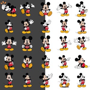 May include: A grid of cartoon Mickey Mouse illustrations in various poses. Mickey is depicted in his classic outfit: red shorts, yellow shoes, and white gloves. The background alternates between black and white.