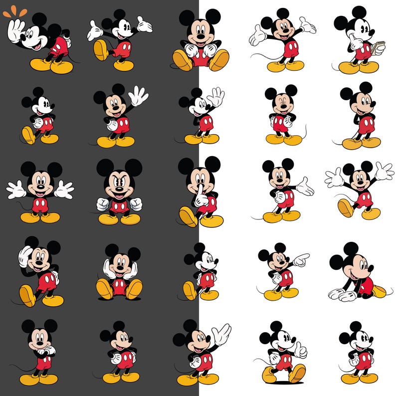 May include: A grid of cartoon Mickey Mouse illustrations in various poses. Mickey is depicted in his classic outfit: red shorts, yellow shoes, and white gloves. The background alternates between black and white.