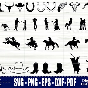 May include: Black and white vector illustrations of cowboy-themed elements. Includes cowboy boots, hats, horseshoes, a revolver, bull skulls, and silhouettes of people riding horses and roping cattle. The image also contains the text "SVG - PNG - EPS - DXF - PDF Digital Cut File."