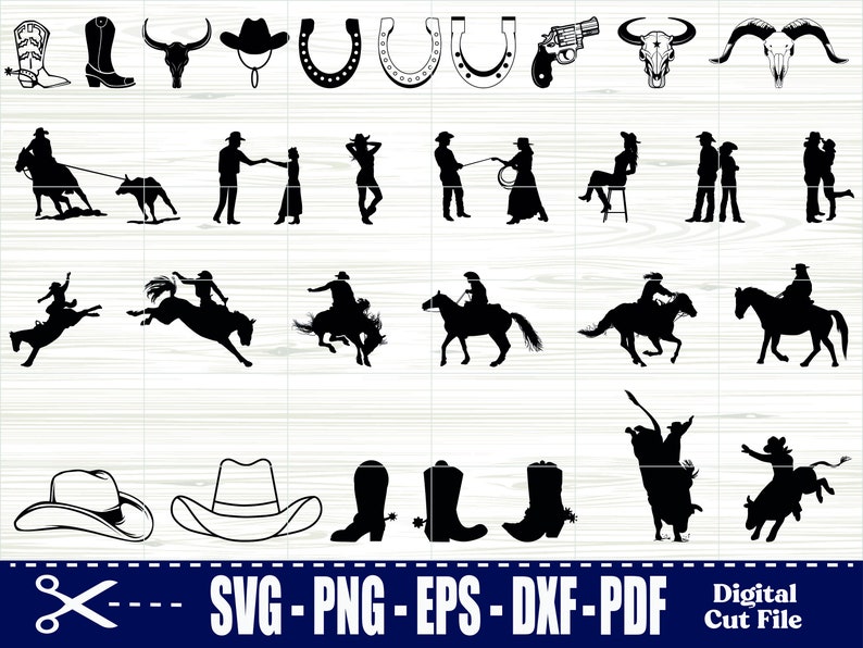 May include: Black and white vector illustrations of cowboy-themed elements. Includes cowboy boots, hats, horseshoes, a revolver, bull skulls, and silhouettes of people riding horses and roping cattle. The image also contains the text "SVG - PNG - EPS - DXF - PDF Digital Cut File."