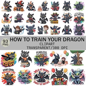 May include: A collection of cartoon dragon clip art images. The dragons are black with various accessories, including hats, scarves, and books. Some images include text such as "How to Train Your Dragon" and "Party Like a Dragon!"
