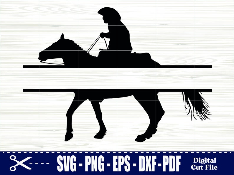 May include: Black silhouette of a horse and rider, with a cowboy hat, riding across the image. The design includes two horizontal lines for text placement. The bottom of the image has the text "SVG - PNG - EPS - DXF-PDF" and "Digital Cut File".