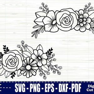 May include: Two black and white floral bouquets with a variety of flowers, including roses, daisies, and smaller flowers. The bouquets are arranged in a symmetrical pattern and are perfect for crafting projects.