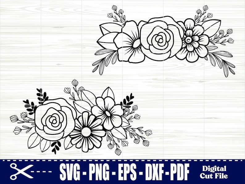 May include: Two black and white floral bouquets with a variety of flowers, including roses, daisies, and smaller flowers. The bouquets are arranged in a symmetrical pattern and are perfect for crafting projects.