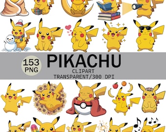 Pikachu Clipart Bundle, Cartoon PNG Graphics (153 Files) (Digital Download