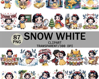 Snow White Chibi Clipart Bundle | 87 PNG Princess Illustrations (Digital Download)