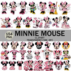 May include: A collection of Minnie Mouse clipart images in various poses and outfits. The images feature Minnie Mouse with her signature bow, dressed in pink and black, and holding various objects. The text "MINNIE MOUSE" and "154 PNG" are also present.