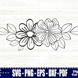 May include: Black and white line art floral design with two flowers and leaves.  SVG - PNG - EPS - DXF - PDF Digital Cut File.