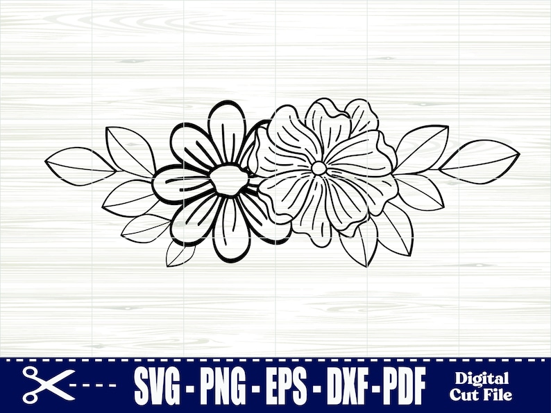 May include: Black and white line art floral design with two flowers and leaves.  SVG - PNG - EPS - DXF - PDF Digital Cut File.