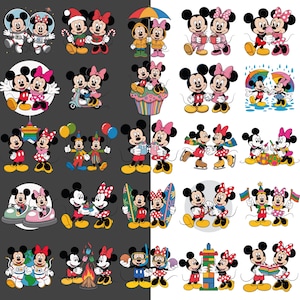 K&ouml;nnte beinhalten: Eine Sammlung farbenfroher Cartoon-Illustrationen mit Mickey und Minnie Mouse in verschiedenen Umgebungen. Die Bilder zeigen Mickey und Minnie in Raumanz&uuml;gen, festlicher Kleidung und mit Surfbrettern. Das Thema ist spielerisch und eignet sich f&uuml;r Kinderprodukte.