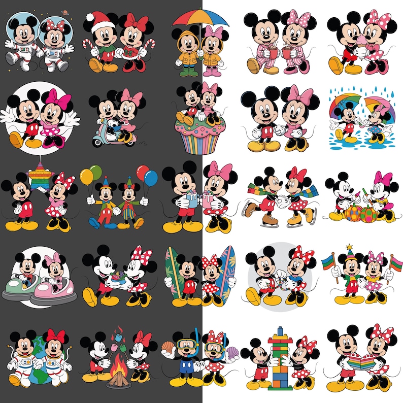 K&ouml;nnte beinhalten: Eine Sammlung farbenfroher Cartoon-Illustrationen mit Mickey und Minnie Mouse in verschiedenen Umgebungen. Die Bilder zeigen Mickey und Minnie in Raumanz&uuml;gen, festlicher Kleidung und mit Surfbrettern. Das Thema ist spielerisch und eignet sich f&uuml;r Kinderprodukte.