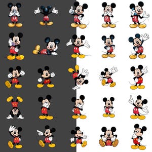 May include: A pattern of Mickey Mouse in various poses. Mickey is depicted in his classic outfit: red shorts, yellow shoes, and white gloves. The background alternates between black and white.