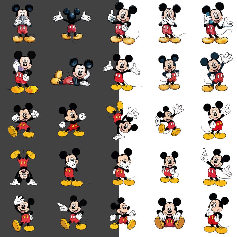May include: A pattern of Mickey Mouse in various poses. Mickey is depicted in his classic outfit: red shorts, yellow shoes, and white gloves. The background alternates between black and white.