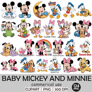 Könnte beinhalten: Eine Sammlung farbenfroher Cartoon-Illustrationen mit Micky Maus, Minnie Maus, Donald Duck, Daisy Duck und Pluto. Die Bilder zeigen verschiedene Posen und Themen, wie "Dream Big", "Cuddle Time" und "Sweet Dreams".