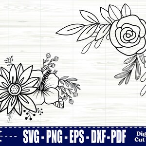 May include: Two black and white floral designs. The first design features a large sunflower with a smaller hibiscus flower and leaves. The second design features a large rose with leaves.