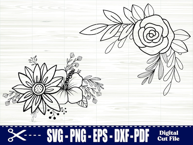 May include: Two black and white floral designs. The first design features a large sunflower with a smaller hibiscus flower and leaves. The second design features a large rose with leaves.