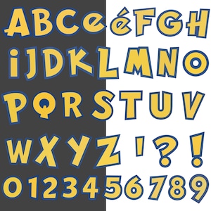 以下が含まれることがあります： 遊び心のある漫画スタイルの完全なアルファベットと数字のセット。文字と数字は黄色で、濃い青色の輪郭があり、白黒の背景に配置されています。感嘆符と疑問符が含まれています。