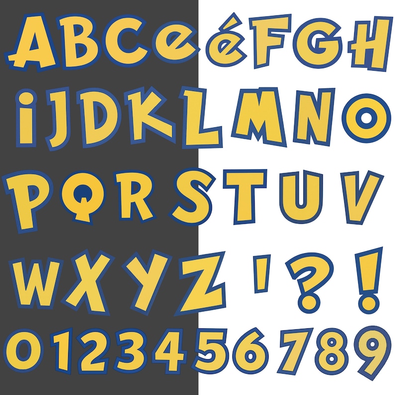 以下が含まれることがあります： 遊び心のある漫画スタイルの完全なアルファベットと数字のセット。文字と数字は黄色で、濃い青色の輪郭があり、白黒の背景に配置されています。感嘆符と疑問符が含まれています。
