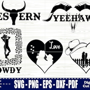 May include: A selection of black and white Western-themed graphics. Designs include a bull skull with "WESTERN", a ram skull with "YEEHAW", a silhouette of a woman in a leopard print frame with "HOWDY", and heart-shaped designs with cowboy themes.